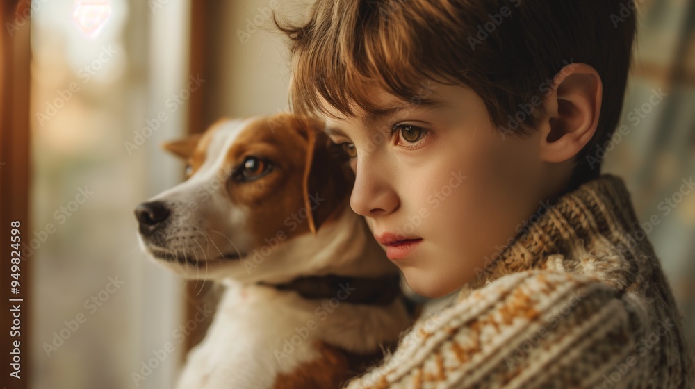 Portrait of boy while holding his dog at home Portrait of boy while holding his dog at home