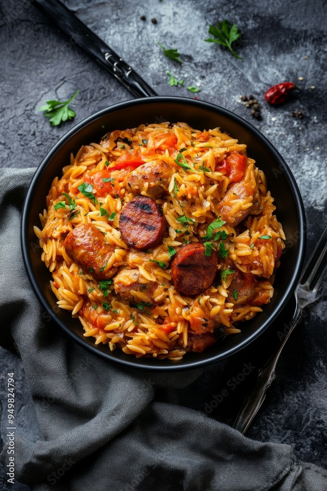 An enlargement of a bowl of risoni pasta with salami sausage, bell pepper, garlic, and tomatoes. An enlargement of a bowl of risoni pasta with salami sausage, bell pepper, garlic, and tomatoes.