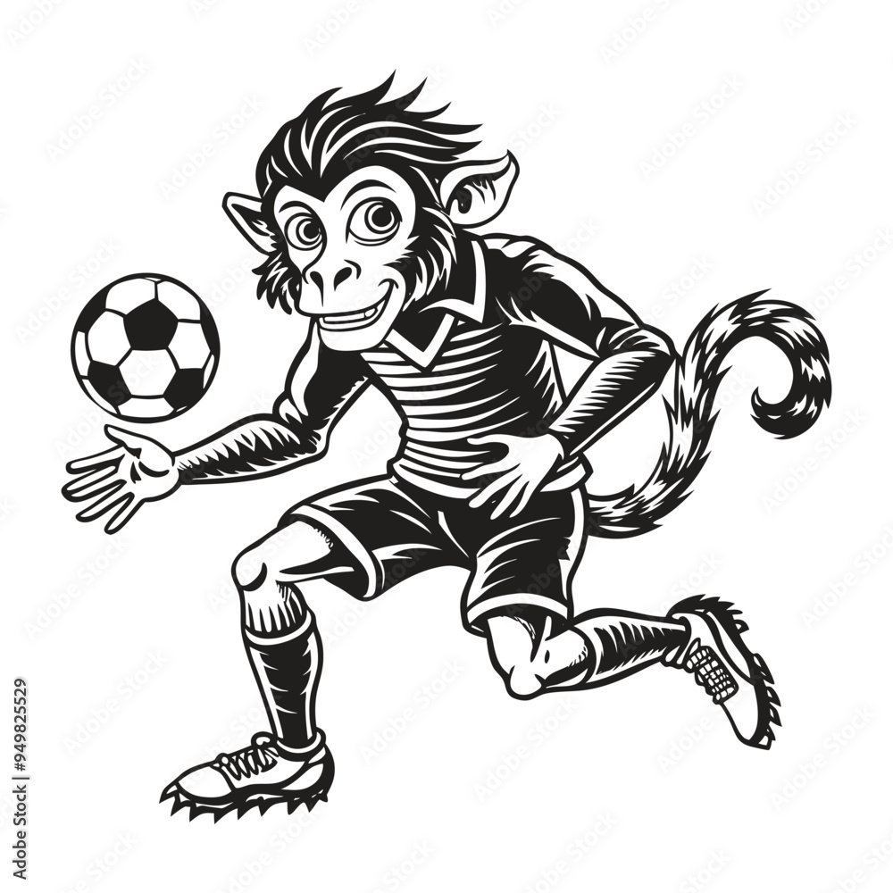 Obraz premium A cartoon monkey boy is playing soccer with a ball