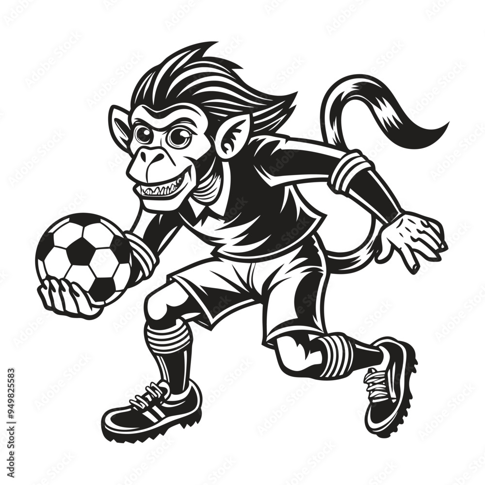 Fototapeta premium A cartoon monkey boy is playing soccer with a ball