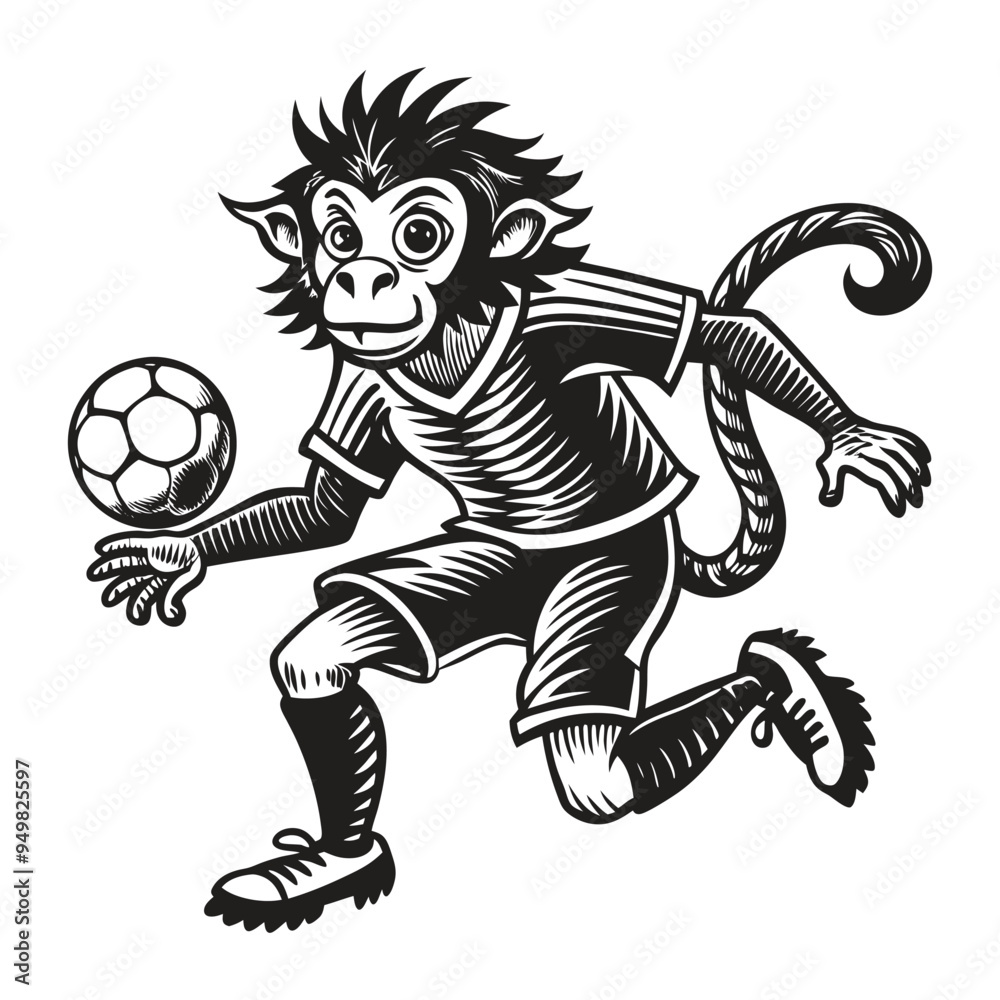 Fototapeta premium A cartoon monkey boy is playing soccer with a ball