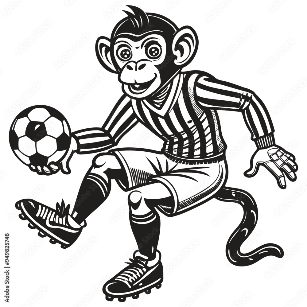 A cartoon monkey boy is playing soccer with a ball
