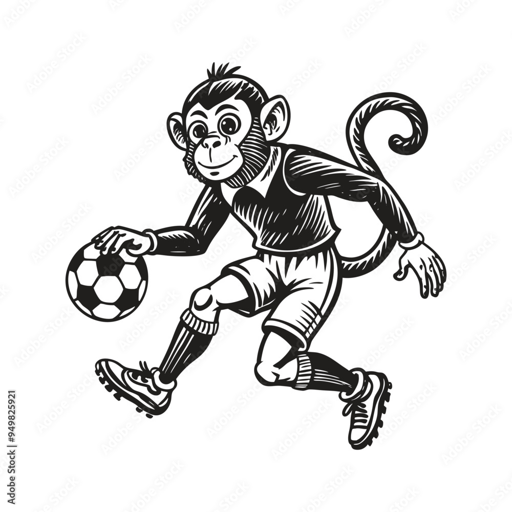 Fototapeta premium A cartoon monkey boy is playing soccer with a ball