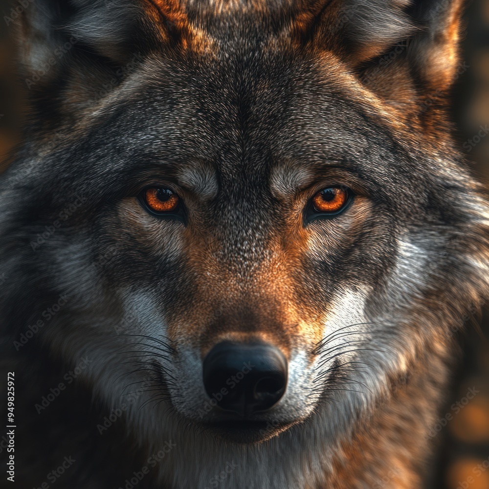Obraz premium Close-up Portrait of a Wolf with Striking Orange Eyes
