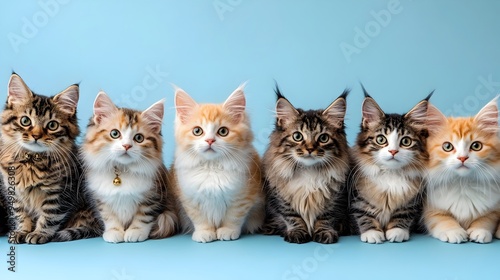 Adorable Group of Diverse Kittens Posing on Baby Blue Background