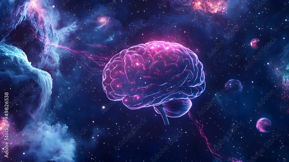 A surreal digital illustration of a human brain with glowing plexus lines, floating in a cosmic environment filled with stars, galaxies, and swirling nebulae A surreal digital illustration of a human brain with glowing plexus lines, floating in a cosmic environment filled with stars, galaxies, and swirling nebulae