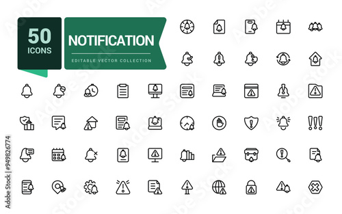 Notification line icon set. Contains such icons as mute, notice, notification bell and more. Pixel perfect, minimalistic web and UI icon. Outline icon collections.