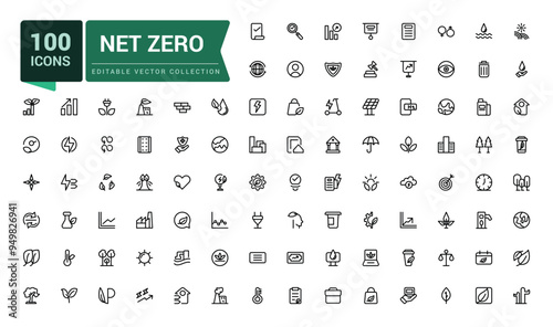 Net zero line icons set. Includes carbon footprint, co2 neutral, net zero, solar energy. Pixel perfect, minimalistic web and UI icon. Outline icon collections.