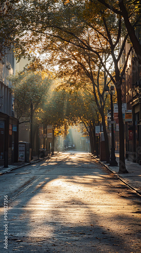 City Street during Epidemic with Health Advisories and Empty Sidewalks 