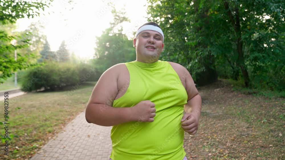 Fat sportsman jogging in the park at sunset. Fat young sportsman doing sports, doing exercise in the park on the green grass. Fat sportsman jogging in the park at sunset. Fat young sportsman doing sports, doing exercise in the park on the green grass.