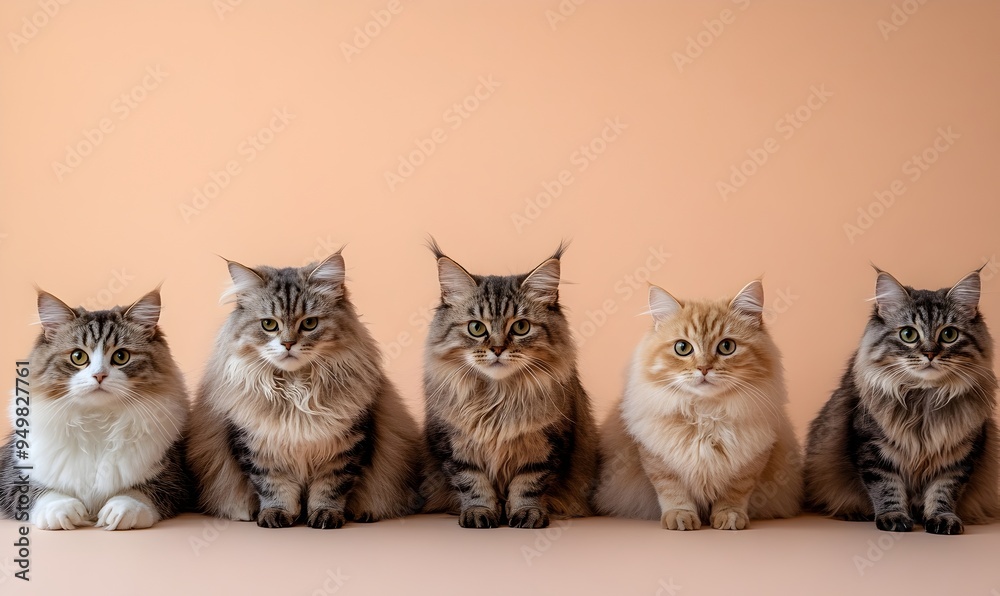 Variety of Domestic Feline Pets Sitting Together on Warm Toned Background Variety of Domestic Feline Pets Sitting Together on Warm Toned Background