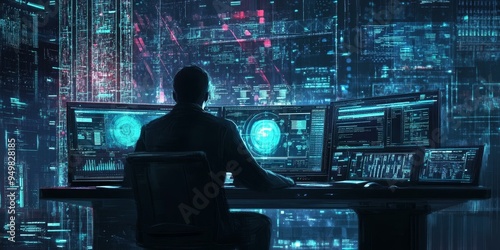 Hacker working at a computer with glowing screens.