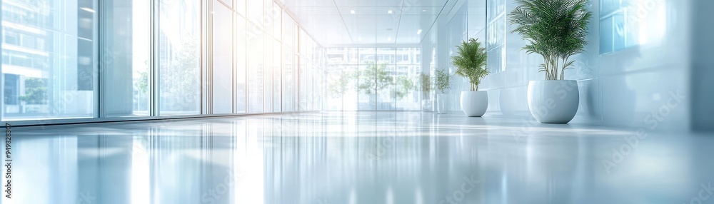 Fototapeta premium Modern Office Corridor with Large Windows and Potted Plants in Bright Sunlight