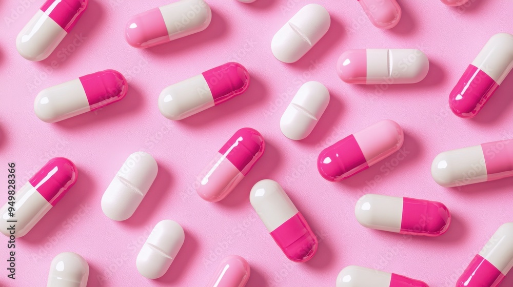 White and pink capsules on pink background,Medicines to combat the epidemic and viruses,tablet grid,Drug, tablet, pills,Global healthcare concept.Antibiotics drug resistance,Pharmaceutical industry. White and pink capsules on pink background,Medicines to combat the epidemic and viruses,tablet grid,Drug, tablet, pills,Global healthcare concept.Antibiotics drug resistance,Pharmaceutical industry.