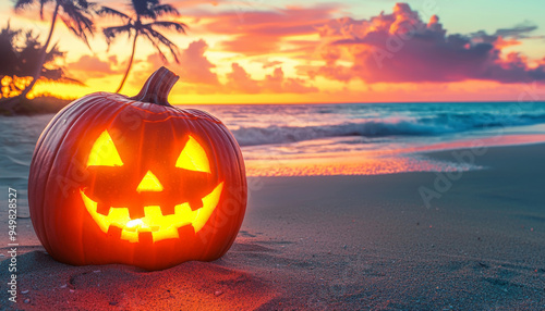 Illuminated Jack-o'-Lantern on a Sandy Beach at Sunset