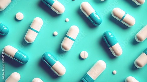 White and blue capsules on blue background,Medicines to combat the epidemic and viruses,tablet grid,Drug, tablet, pills,Global healthcare concept. Antibiotics drug resistance,Pharmaceutical industry.