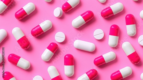 White and pink capsules on pink background,Medicines to combat the epidemic and viruses,tablet grid,Drug, tablet, pills,Global healthcare concept.Antibiotics drug resistance,Pharmaceutical industry.