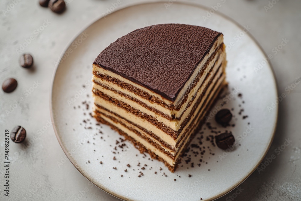 Opera Cake, A French layered cake with coffee-soaked almond sponge, coffee buttercream, and chocolate ganache. Top View Opera Cake, A French layered cake with coffee-soaked almond sponge, coffee buttercream, and chocolate ganache. Top View