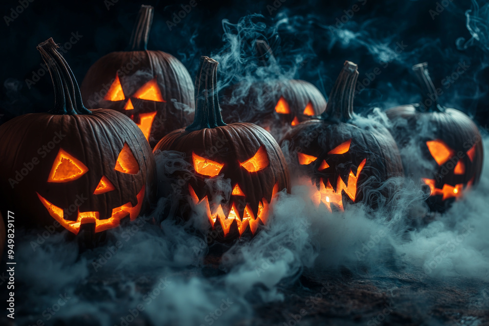 Glowing Jack-o'-Lanterns in Smoke and Darkness