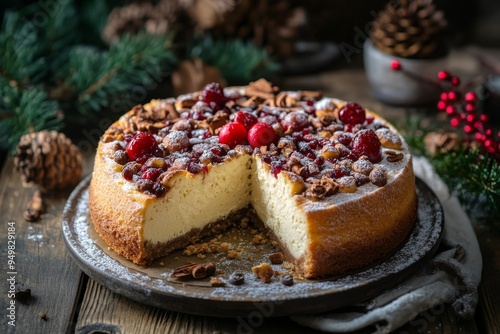 Pannetone Cheesecake, A fusion dessert combining the flavors of Italian Panettone and creamy cheesecake, often served during New Year festivities.