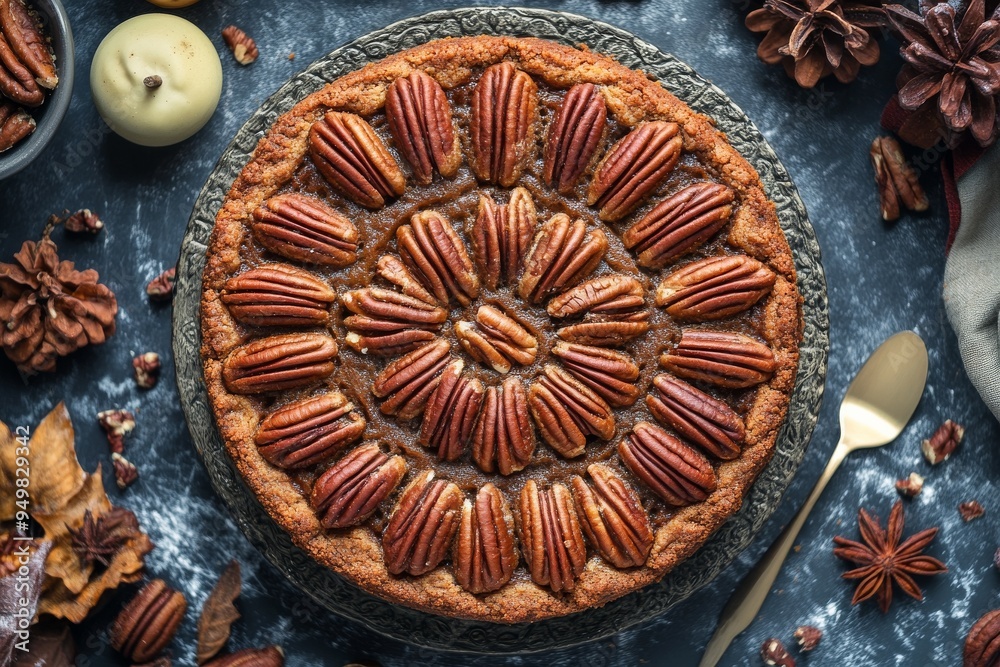 Pecan Pie Cake, A cake version of the classic pecan pie, featuring layers of spiced cake and caramelized pecans, often served during the holiday season. Top View Pecan Pie Cake, A cake version of the classic pecan pie, featuring layers of spiced cake and caramelized pecans, often served during the holiday season. Top View