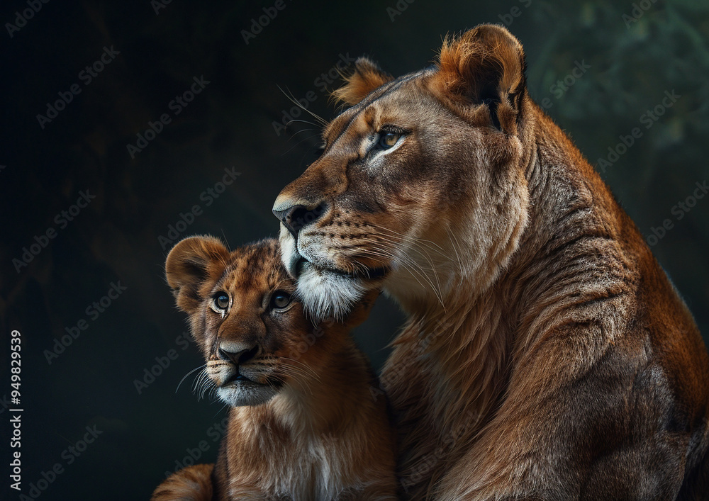 Fototapeta premium portrait of a female lion with kid isolated against black background