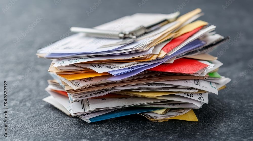 A towering heap of outdated newspapers and magazines, a forgotten pile of business documents buried beneath layers of old media A towering heap of outdated newspapers and magazines, a forgotten pile of business documents buried beneath layers of old media