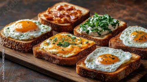 Toasted Bread With Variety Of Toppings On Wooden Board