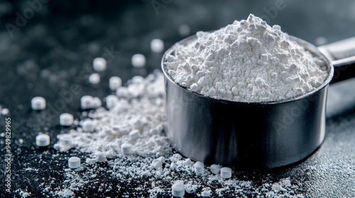 Crystal clear sea salt in a glass jar, a heap of flour in a white bowl, isolated on a kitchen counter photo