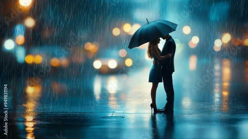 A couple embracing under a single streetlight in the rain, creating a moody, intimate moment, Romantic longing, Love and connection