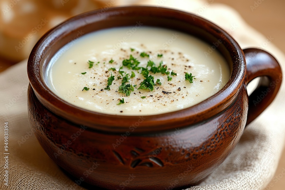 Creamy Soup in a Brown Earthenware Bowl with Parsley and Pepper Creamy Soup in a Brown Earthenware Bowl with Parsley and Pepper