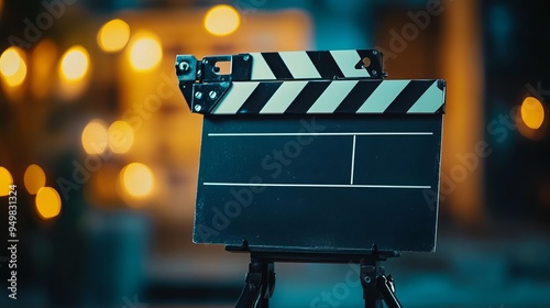 Motion picture production slate with blurred background. Film slate or clapper board for video production. Slate for movie shoot or recording. 