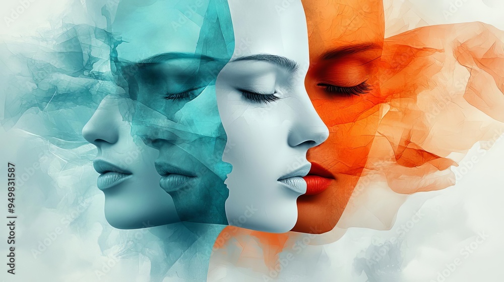 Fototapeta premium Abstract image of overlapping faces with various expressions, blending into one another, Emotional complexity, Concept of multifaceted emotions