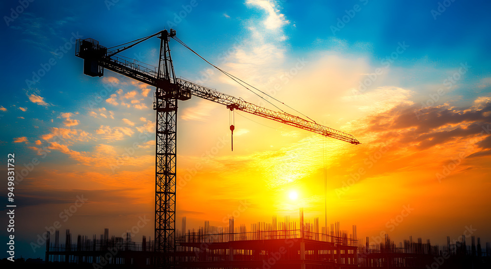 A Silhouette of an Industrial Crane Against the Backdrop of a Dramatic Sunset, Emphasizing the Strength and Scale of Heavy Machinery in Construction, Perfect for Representing Themes of Industry, Engin A Silhouette of an Industrial Crane Against the Backdrop of a Dramatic Sunset, Emphasizing the Strength and Scale of Heavy Machinery in Construction, Perfect for Representing Themes of Industry, Engin