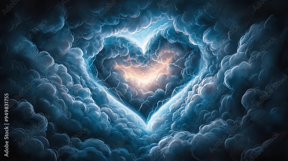 Abstract pastel drawing of a heart surrounded by dark clouds, with ...