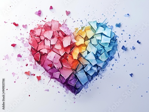 Abstract watercolor of a heart shattering into pieces, with vibrant colors bleeding into each other, Emotional pain, Symbol of heartbreak and healing