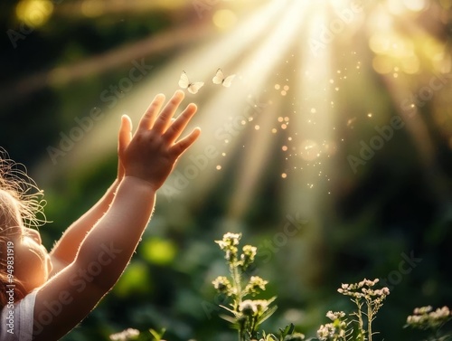 Child s hand reaching up to touch the sky, with rays of sunlight breaking through clouds, Innocent hope, Childlike wonder and aspiration