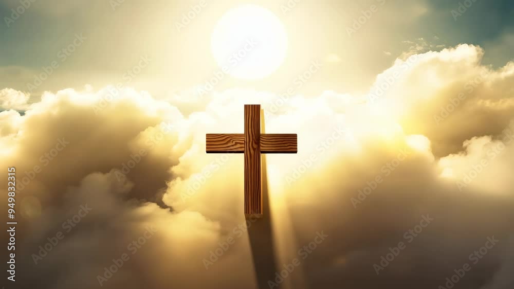Wooden cross standing tall above clouds under a bright sunlight at sunset Wooden cross standing tall above clouds under a bright sunlight at sunset