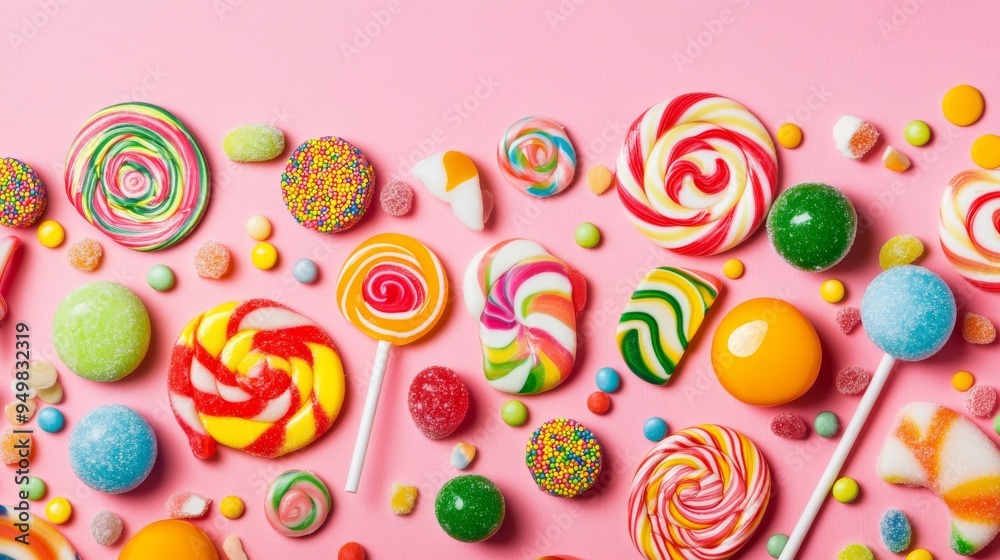 Sweet and playful image of colorful lollipops and candies arranged on a pink background. Sweet and playful image of colorful lollipops and candies arranged on a pink background.