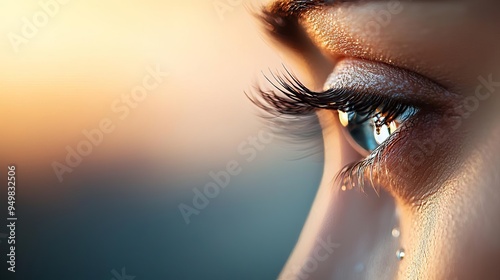 Soft focus woman s face, a single tear rolling down her cheek in a warm sunset glow, conveying vulnerability, Emotional sensitivity, Concept of raw human emotion