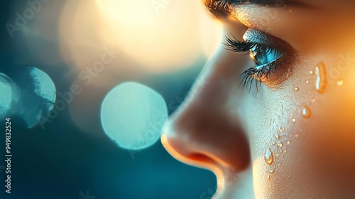 Soft focus woman s face, a single tear rolling down her cheek in a warm sunset glow, conveying vulnerability, Emotional sensitivity, Concept of raw human emotion