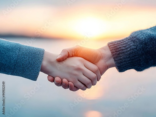 Two people holding hands with a fading sunset in the background, symbolizing bittersweet goodbyes, Emotional parting, Concept of departure and love