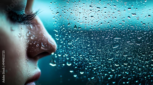 Woman s silhouette by a window, rain droplets on glass, gazing out thoughtfully, Melancholy, Contemplation and reflection