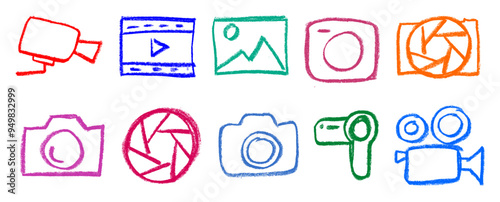 Photography Related Icons Crayon Chalk Drawing Vector Set