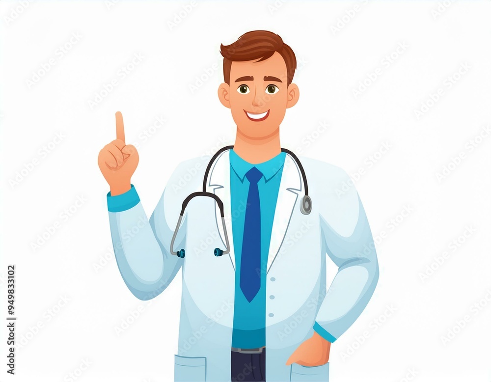 Doctor, medicine, healthcare concept. Young smiling man doctor therapist in white uniform cartoon character standing and showing having idea with finger. Medicare, therapist, pharmacist illustration Doctor, medicine, healthcare concept. Young smiling man doctor therapist in white uniform cartoon character standing and showing having idea with finger. Medicare, therapist, pharmacist illustration