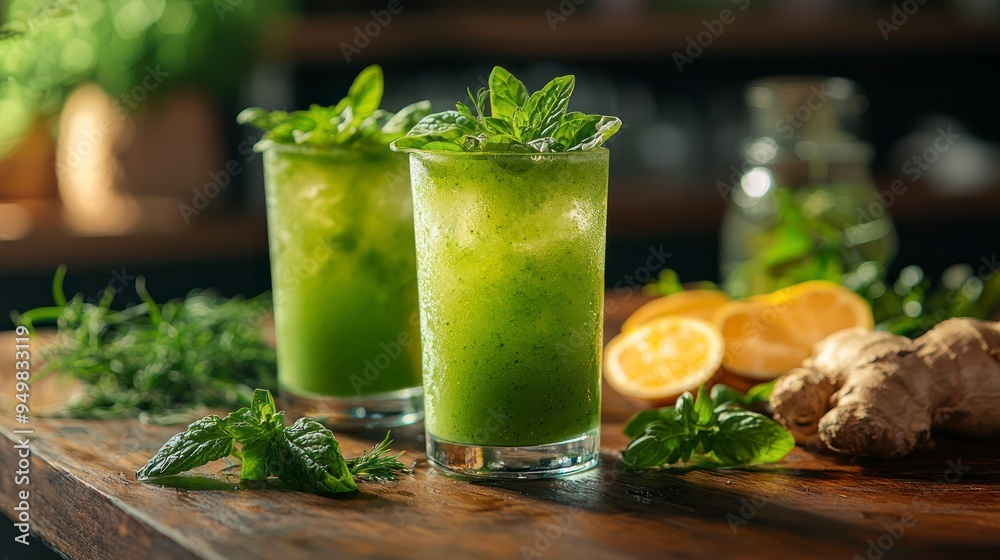 Refreshing green smoothie with fresh ingredients on table Refreshing green smoothie with fresh ingredients on table