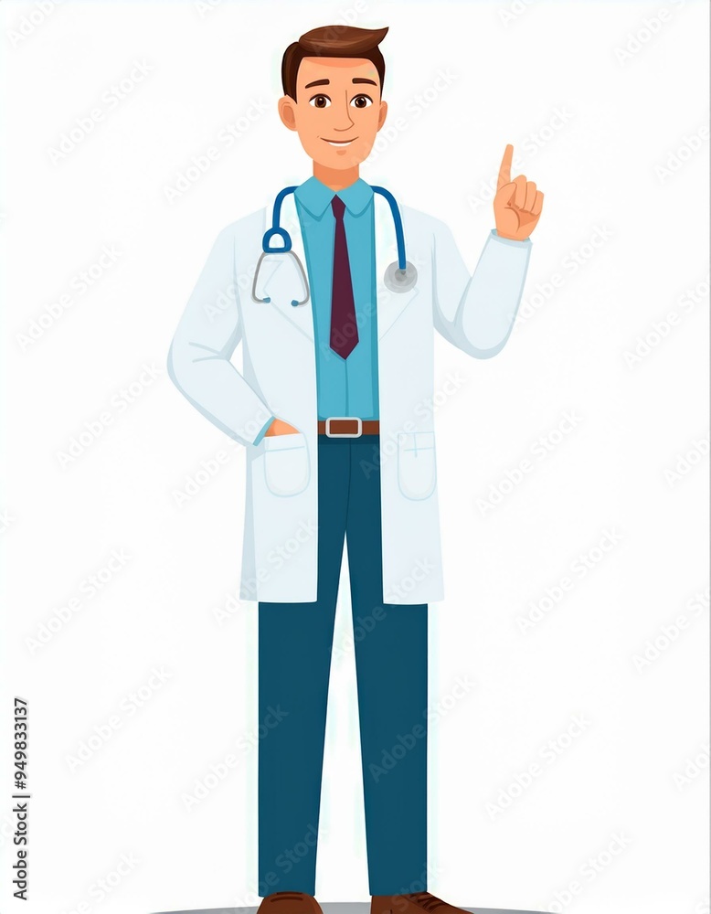 Doctor, medicine, healthcare concept. Young smiling man doctor therapist in white uniform cartoon character standing and showing having idea with finger. Medicare, therapist, pharmacist illustration Doctor, medicine, healthcare concept. Young smiling man doctor therapist in white uniform cartoon character standing and showing having idea with finger. Medicare, therapist, pharmacist illustration
