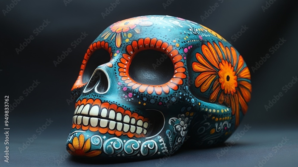 Naklejka premium This vibrant sugar skull showcases intricate designs and flowers, celebrating Mexican culture with its vivid colors and fine details.