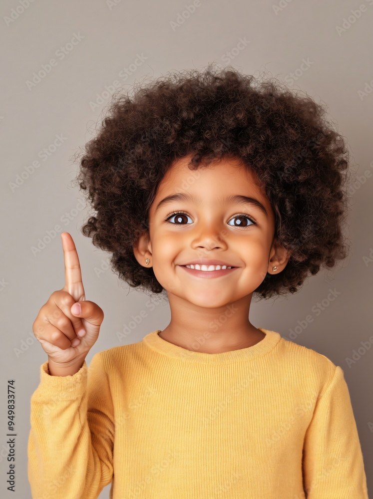 Wallpaper for advertising, Young girl with a bright smile and big hair is pointing up with her finger as if she has a great idea; poster with copy space Wallpaper for advertising, Young girl with a bright smile and big hair is pointing up with her finger as if she has a great idea; poster with copy space