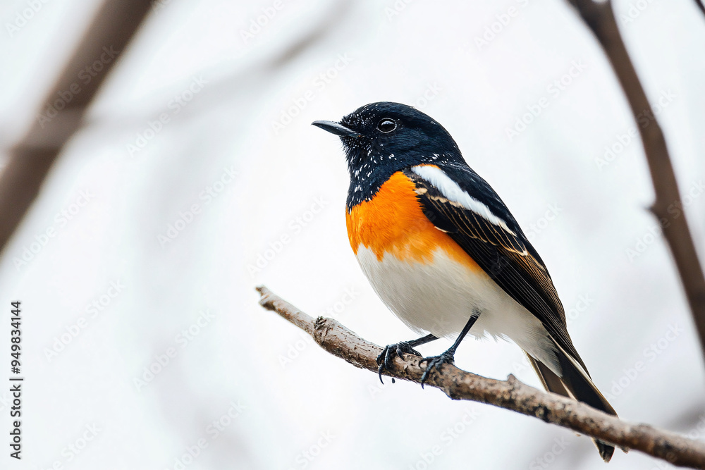 Fototapeta premium A small black, white, and orange bird sits on a thin branch, gazing forward, framed by a soft, wintery, out-of-focus background 